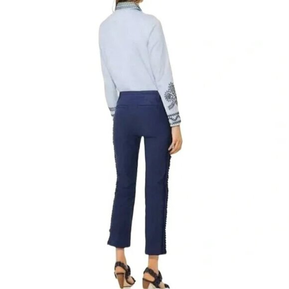 Tory Burch | Fringe Trim Side Stripe Cropped Chino Pants Navy Sea Size 27 - Picture 15 of 15